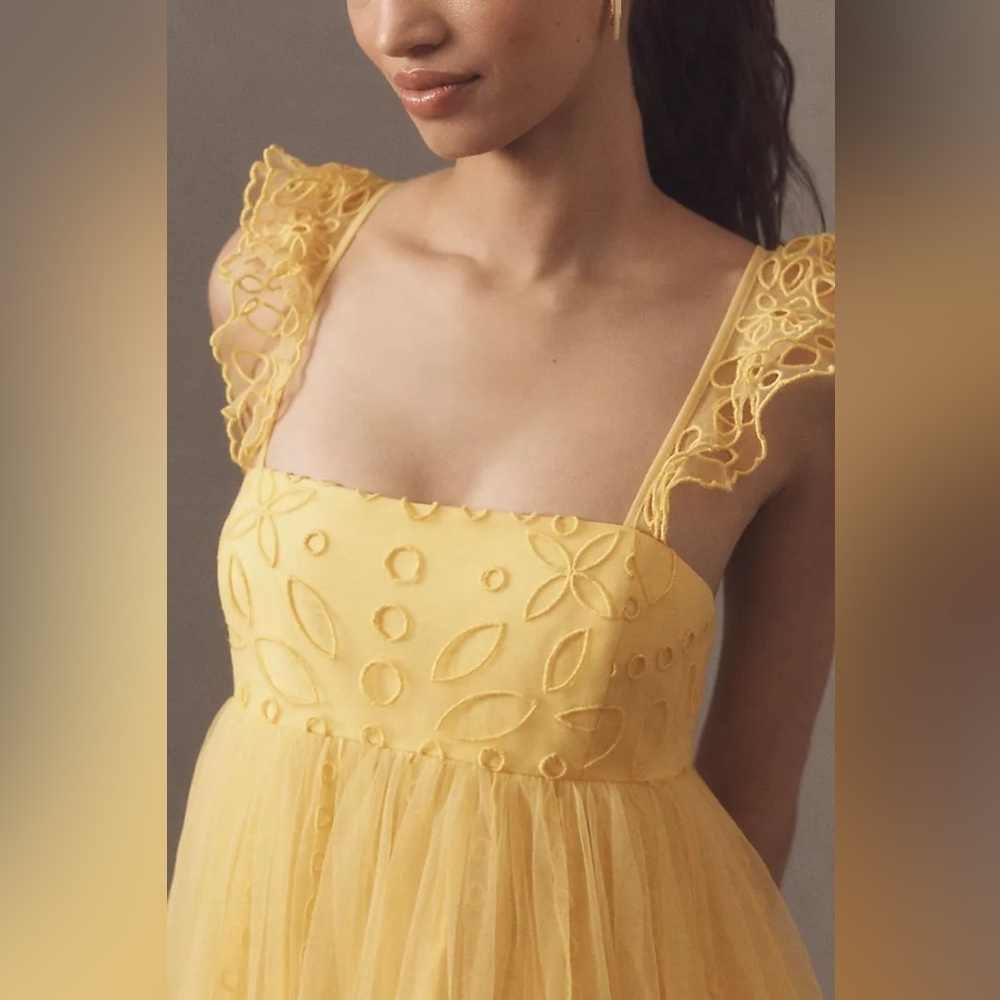 NWT ANTHROPOLOGIE x LET ME BE Yellow Eyelet Tulle Lace Mini Dress Size XS - Picture 4 of 10